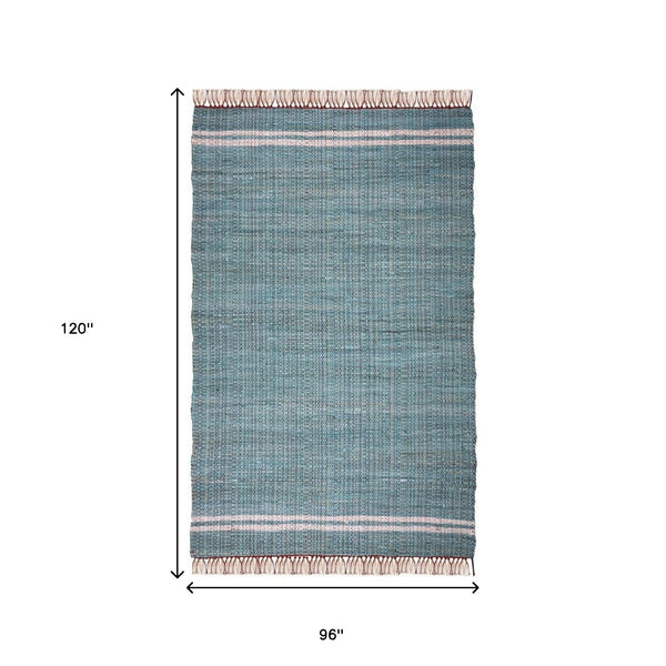 Homeroots 8' X 10' Teal Striped Hand Woven Area Rug With Stylish Fringe - Artisan Crafted For Unique Elegance  Cotton Blend 557083