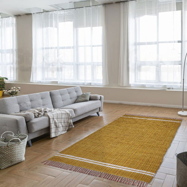 Homeroots 3' X 5' Mustard Striped Hand Woven Area Rug With Chic Fringe - Artisan Crafted For Unique Style  Cotton Blend 557084