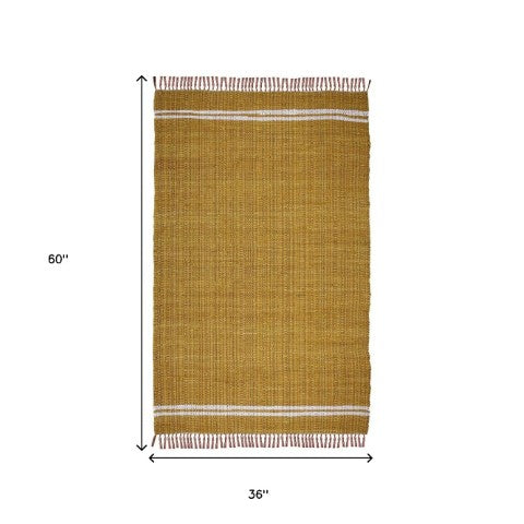 Homeroots 3' X 5' Mustard Striped Hand Woven Area Rug With Chic Fringe - Artisan Crafted For Unique Style  Cotton Blend 557084