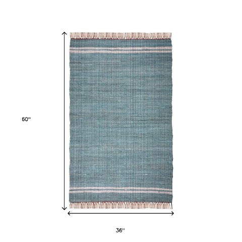Homeroots 3' X 5' Teal Striped Hand Woven Area Rug With Unique Fringe - Artisan Crafted Accent For Home Decor  Cotton Blend 557085