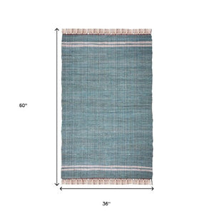 Homeroots 3' X 5' Teal Striped Hand Woven Area Rug With Unique Fringe - Artisan Crafted Accent For Home Decor  Cotton Blend 557085