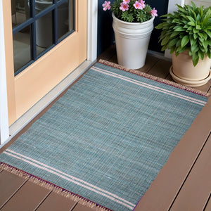 Homeroots 3' X 5' Teal Striped Hand Woven Area Rug With Unique Fringe - Artisan Crafted Accent For Home Decor  Cotton Blend 557085