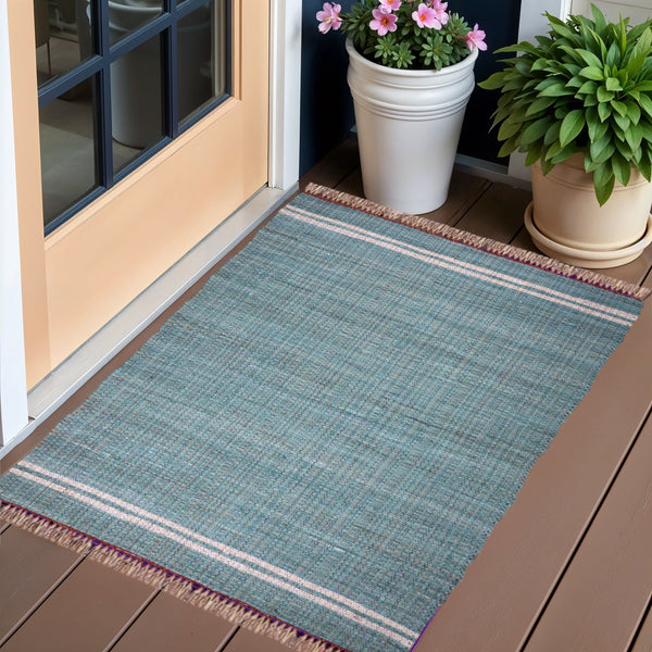 Homeroots 3' X 5' Teal Striped Hand Woven Area Rug With Unique Fringe - Artisan Crafted Accent For Home Decor  Cotton Blend 557085