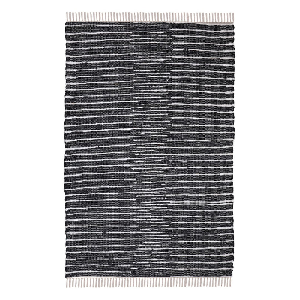HomeRoots 8' Black and White Striped Hand-Woven Area Rug with Fringe – Modern Artisan Charm for Any Room 557109