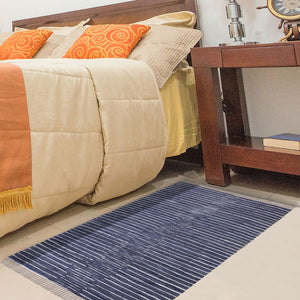 Homeroots 3' Navy And White Striped Handmade Area Rug – Stylish Indoor Outdoor Décor With Tassel Fringe!  Cotton Blend 557111