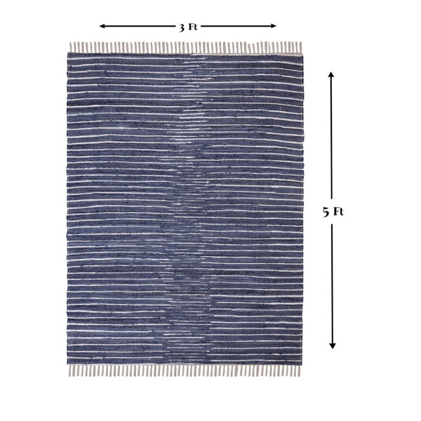 Homeroots 3' Navy And White Striped Handmade Area Rug – Stylish Indoor Outdoor Décor With Tassel Fringe!  Cotton Blend 557111