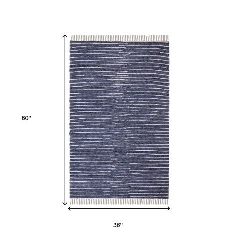 Homeroots 3' Navy And White Striped Handmade Area Rug – Stylish Indoor Outdoor Décor With Tassel Fringe!  Cotton Blend 557111