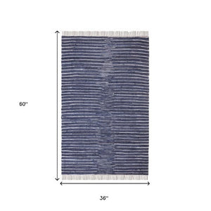 Homeroots 3' Navy And White Striped Handmade Area Rug – Stylish Indoor Outdoor Décor With Tassel Fringe!  Cotton Blend 557111