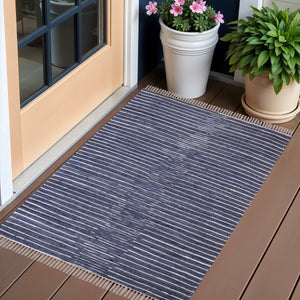 Homeroots 3' Navy And White Striped Handmade Area Rug – Stylish Indoor Outdoor Décor With Tassel Fringe!  Cotton Blend 557111