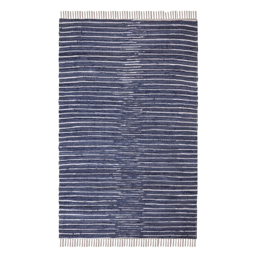 HomeRoots 8' X 10' Hand-Woven Navy and White Striped Area Rug with Fringe - Durable, Coastal Charm for Any Room 557114