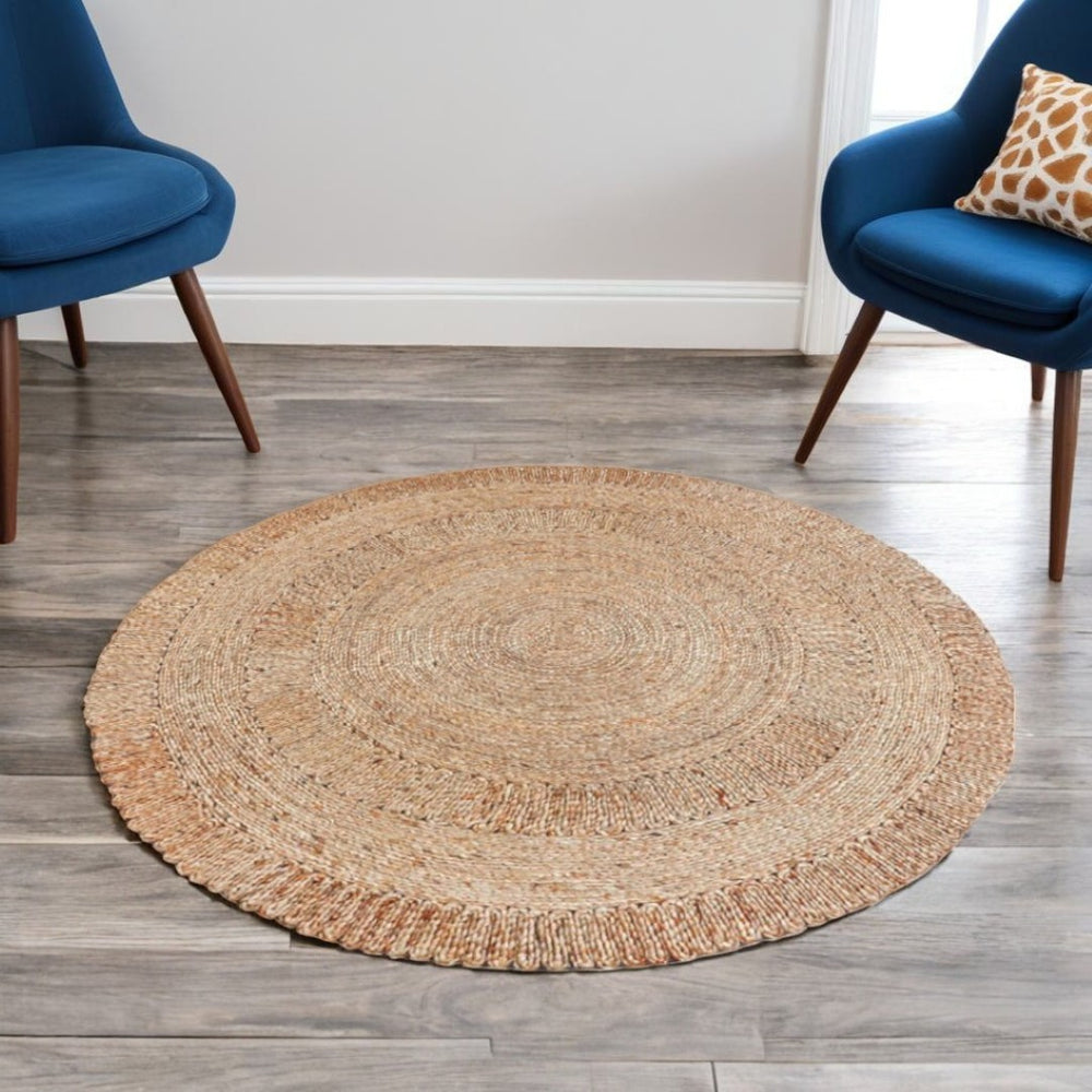 HomeRoots 6' Natural Jute Round Rug - Hand-Braided Geometric Design for Living Rooms, Entryways & Dining Areas 557131