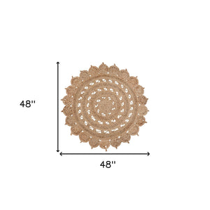 Homeroots 4' Natural Jute Floral Medallion Hand-braided Round Rug - Stylish, Cozy, And Perfect For Any Space!  Jute 557139