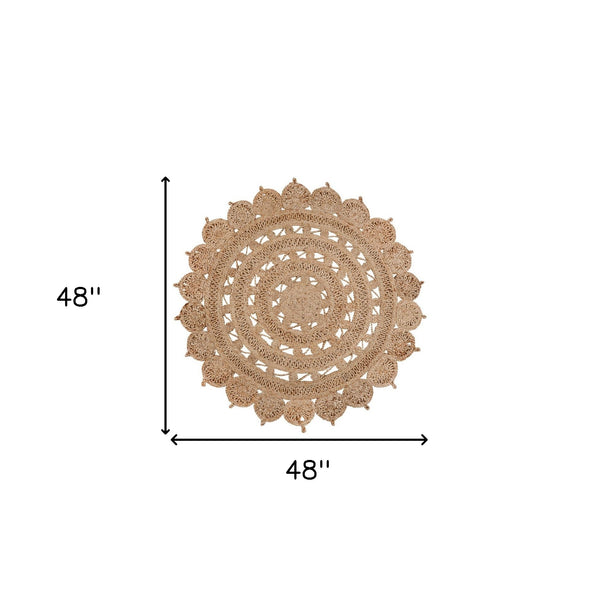 Homeroots 4' Natural Jute Floral Medallion Hand-braided Round Rug - Stylish, Cozy, And Perfect For Any Space!  Jute 557139