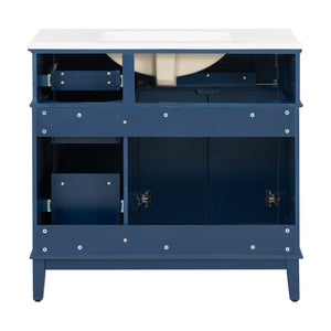 English Elm 36" Navy Bathroom Vanity Solid Wood Frame Ceramic Sink Gold Hardware Soft Close Blue N729P380151C