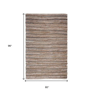 Homeroots 5' Hand Woven Jute Striped Area Rug In Brown, White & Gray - Unique Artisan Crafted Home Decor Piece  Jute 557142