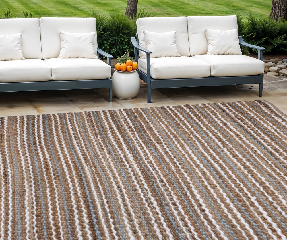 Homeroots 8' Brown And White Striped Handmade Area Rug – Unique Indoor/Outdoor Design For Cozy Spaces!  Jute 557143
