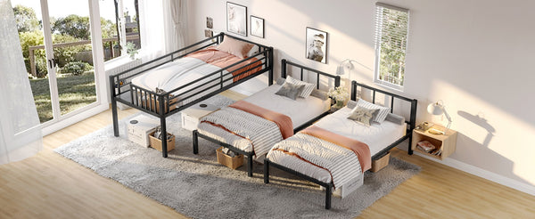 English Elm Twin Metal Triple Bunk Bed With Built-In Shelving, Space-Saving Design For Kids & Guests, Black Finish W1580S00118-GIGA