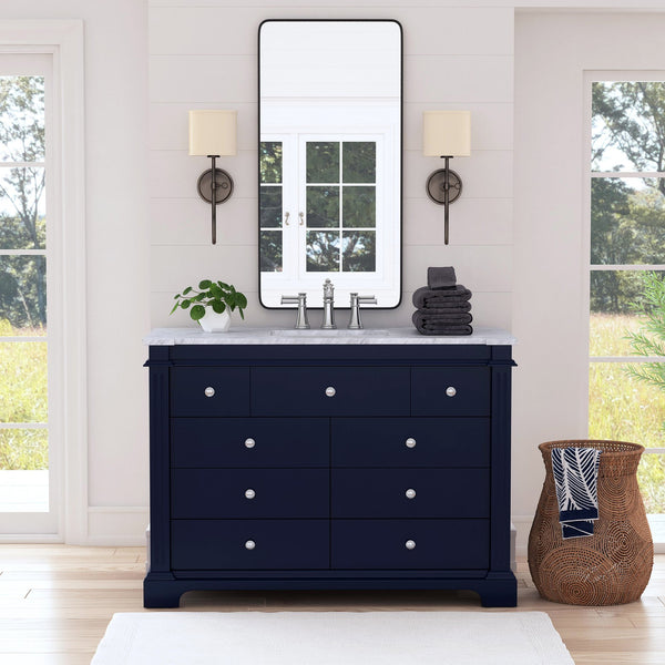 Butler Specialty Harley 6 Drawer Single Bathroom Vanity Set With Carrera Marble Top And Elegant Acacia Craftsmanship Navy Blue Acacia,Mdf,Ceramic Sink,Carrara Marble 5572372-butler