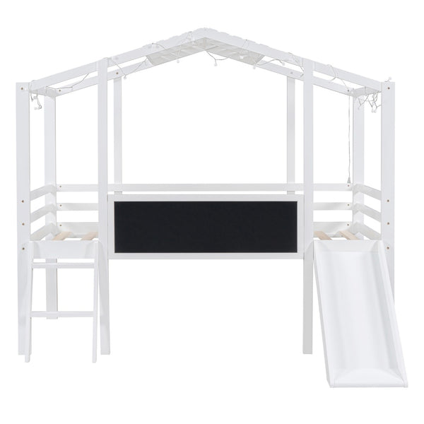 English Elm Twin House Loft Bed with Slide Chalkboard Panel and Led Roofline for Kids White WF324323AAK