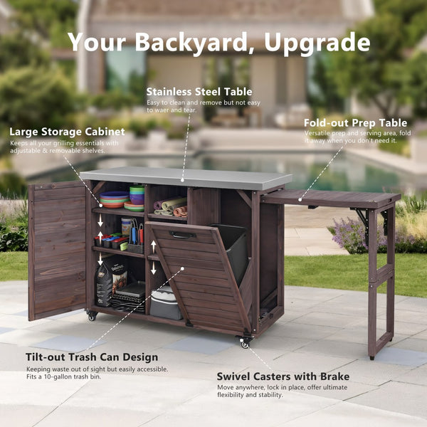 English Elm K&k Outdoor Rolling Kitchen Island Fir Wood Stainless Steel Top with Foldable Prep Station Dark Brown N707P370276Z