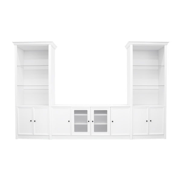 English Elm U-can Three Piece Wall Unit Built-in Media Center with Crown Molding and Tempered Glass Storage White SJ000156AAK