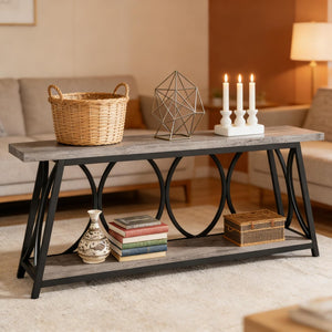 English Elm Hall Console Table Industrial Rustic Two Tier Wood Tone Metal Frame Entryway Sofa T3971P450421