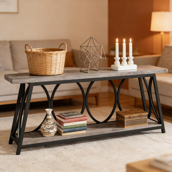 English Elm Hall Console Table Industrial Rustic Two Tier Wood Tone Metal Frame Entryway Sofa T3971P450421