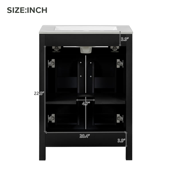 English Elm 24"Bathroom Luxurious Space-Saving Vanity with Ceramic Sink, Solid Wood Frame, Soft-Close Doors and Storage Black N729P183716B