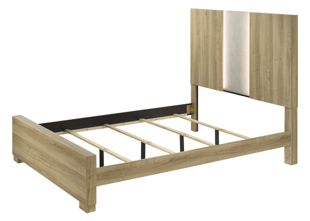 English Elm 1Pc Contemporary King Panel Bed With Ambient Lighting In Driftwood Finish For Modern Bedrooms B2741S00319