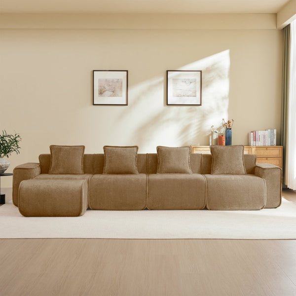 English Elm Streamlined Modular L-shaped Sectional Velvet Sofa with Ottoman and Tailored Piping Detail Brown W3041S00376