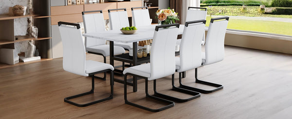 English Elm Table And Chair Set: Modern White Grain Dining Table With Storage & 8 Pu Chairs For Stylish Spaces W1151S04273-GIGA