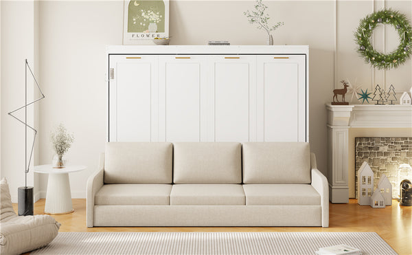 English Elm Full Size Murphy Cabinet Bed With Sofa, Built-In Storage & Led Lights - Stylish Space Saver In Beige N7090000602A