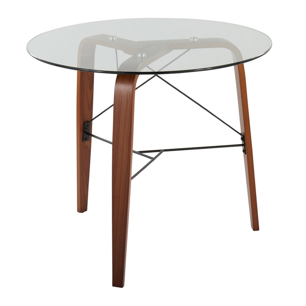 English Elm Contemporary Walnut Tripod Dining Table with Tempered Glass Top for Small Spaces B202P223353