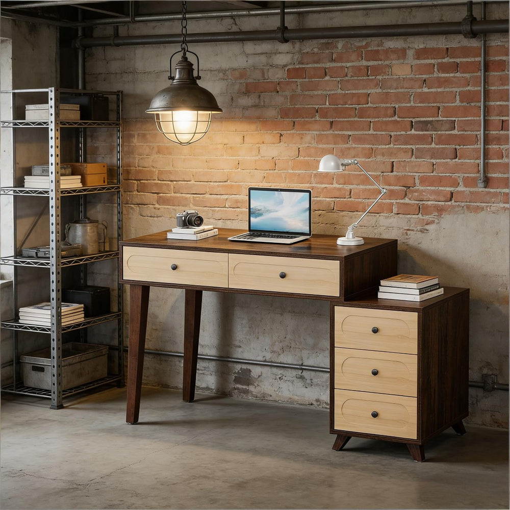 English Elm Classic Five Drawer Writing Desk with Round Metal Legs and White Engineered Wood Top T3971P453638