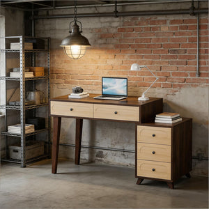 English Elm Classic Five Drawer Writing Desk with Round Metal Legs and White Engineered Wood Top T3971P453638