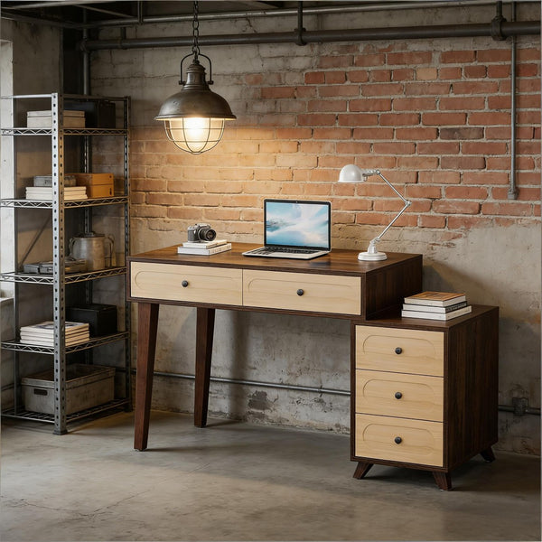 English Elm Classic Five Drawer Writing Desk with Round Metal Legs and White Engineered Wood Top T3971P453638