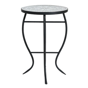 English Elm Outdoor Mosaic Ceramic Tile Round Side Table with Curved Wrought Iron Patio Accent Grey+Black N773P365597G
