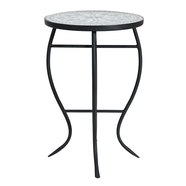 English Elm Outdoor Mosaic Ceramic Tile Round Side Table with Curved Wrought Iron Patio Accent Grey+Black N773P365597G