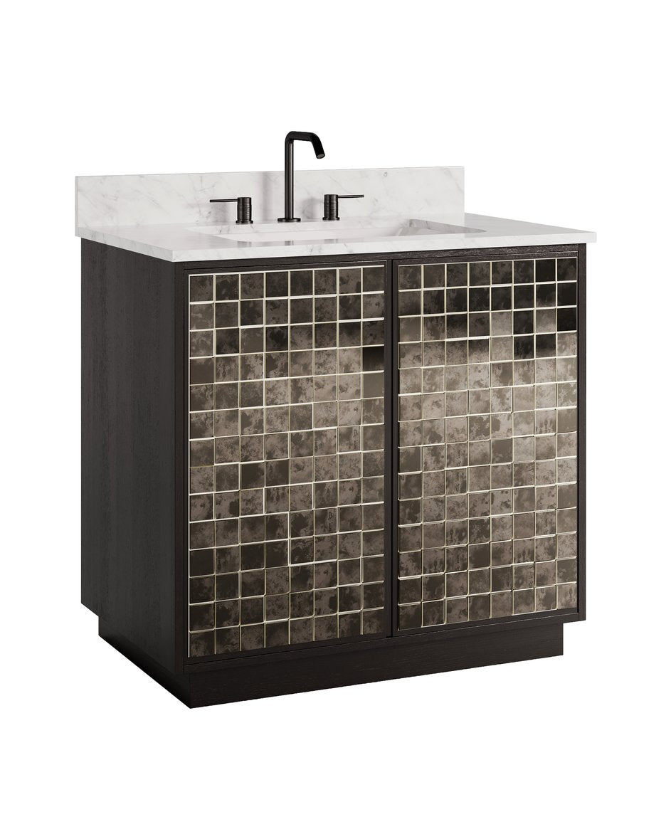 Currey & Company Mosaico 36" Vanity With Antique Mirror Doors, Carrara Marble Top & Rectangular Undermount Sink Black Mango Wood ,Carrara Marble ,Vitreous China ,Glass 3800-0013-currey-company
