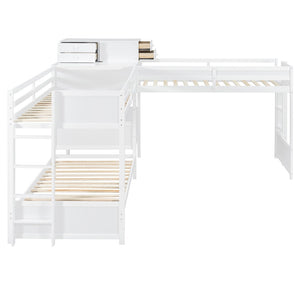 English Elm Twin L-shaped Bunk Bed Pine Wood Corner Design with Desk Drawers and Usb Charging White N820S00079K