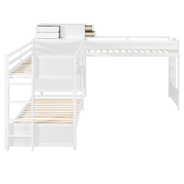 English Elm Twin L-shaped Bunk Bed Pine Wood Corner Design with Desk Drawers and Usb Charging White N820S00079K