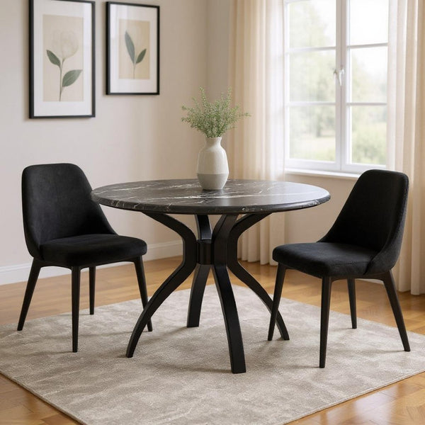 HomeRoots 50" Black Faux Marble Dining Table with Sturdy Steel Base - Modern Round Design for 4 People 557694