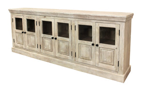 HomeRoots 93" Antiqued White Distressed Sideboard with Glass Doors - Coastal Charm & Timeless Craftsmanship! 557697
