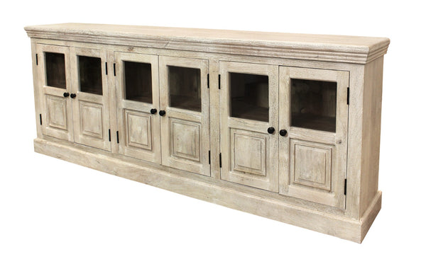 HomeRoots 93" Antiqued White Distressed Sideboard with Glass Doors - Coastal Charm & Timeless Craftsmanship! 557697