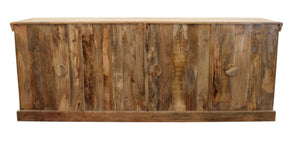 HomeRoots 93" Antiqued White Distressed Sideboard with Glass Doors - Coastal Charm & Timeless Craftsmanship! 557697