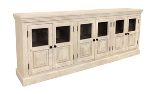 HomeRoots 93" Antiqued White Distressed Sideboard with Glass Doors - Coastal Charm & Timeless Craftsmanship! 557697