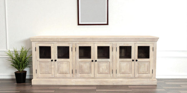 HomeRoots 93" Antiqued White Distressed Sideboard with Glass Doors - Coastal Charm & Timeless Craftsmanship! 557697