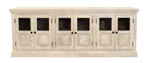 HomeRoots 93" Antiqued White Distressed Sideboard with Glass Doors - Coastal Charm & Timeless Craftsmanship! 557697