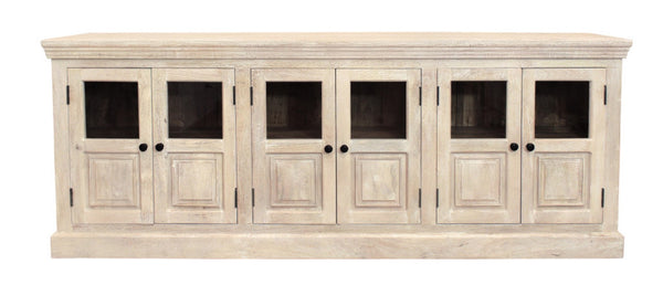HomeRoots 93" Antiqued White Distressed Sideboard with Glass Doors - Coastal Charm & Timeless Craftsmanship! 557697
