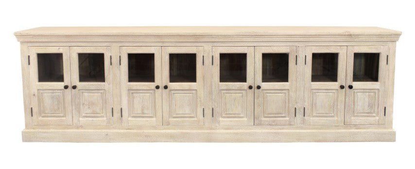 Homeroots 118" White Solid Wood Distressed Sideboard - Coastal Charm With 8 Glass Doors & Antique Hardware   557698